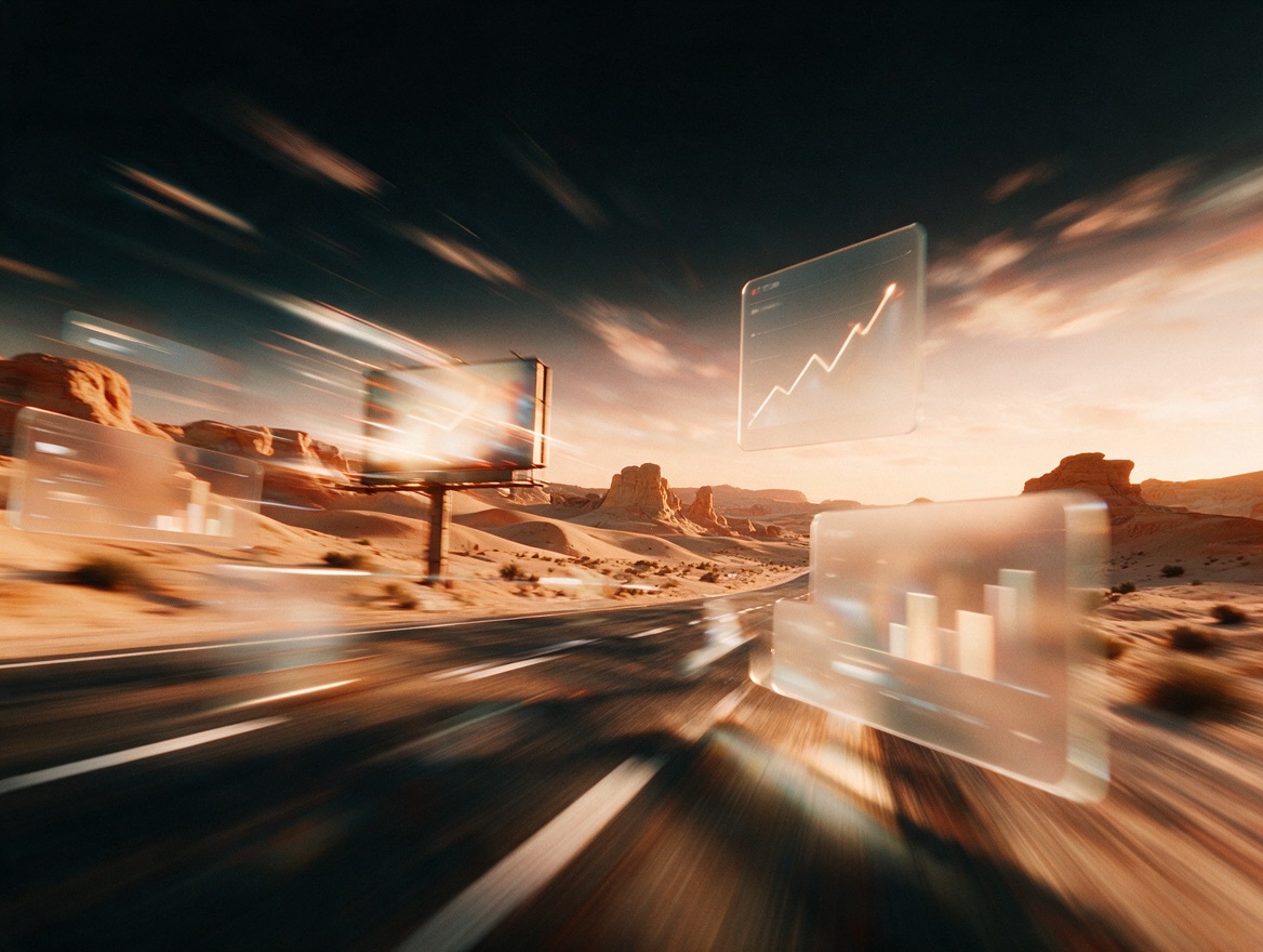 Desert highway billboard with floating chart panels