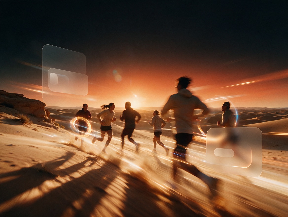 Friends running in the desert at sunset with floating membership cards