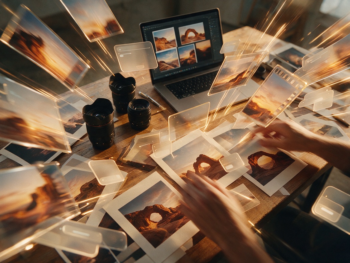 Hands arranging photographs on a table with floating image tiles