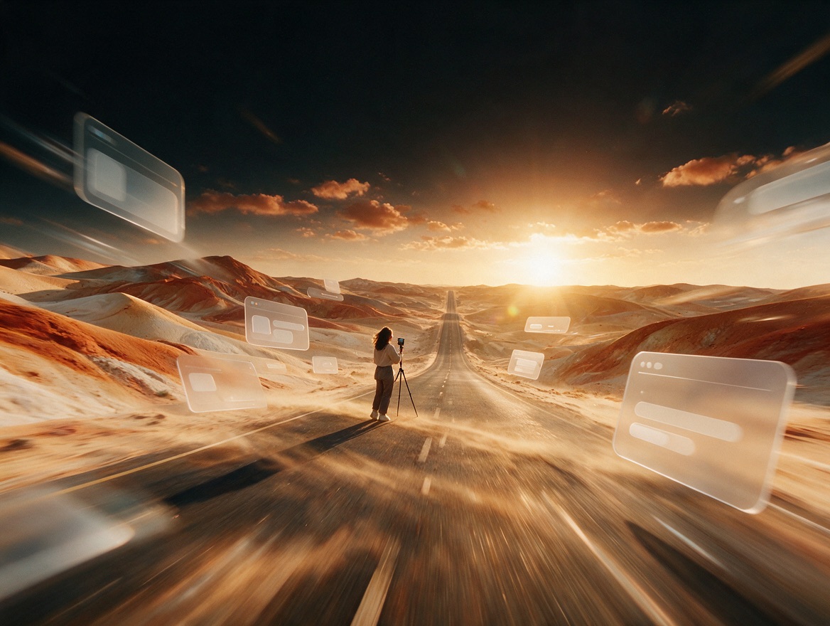 Creator filming on a desert road at sunset with floating interface panels