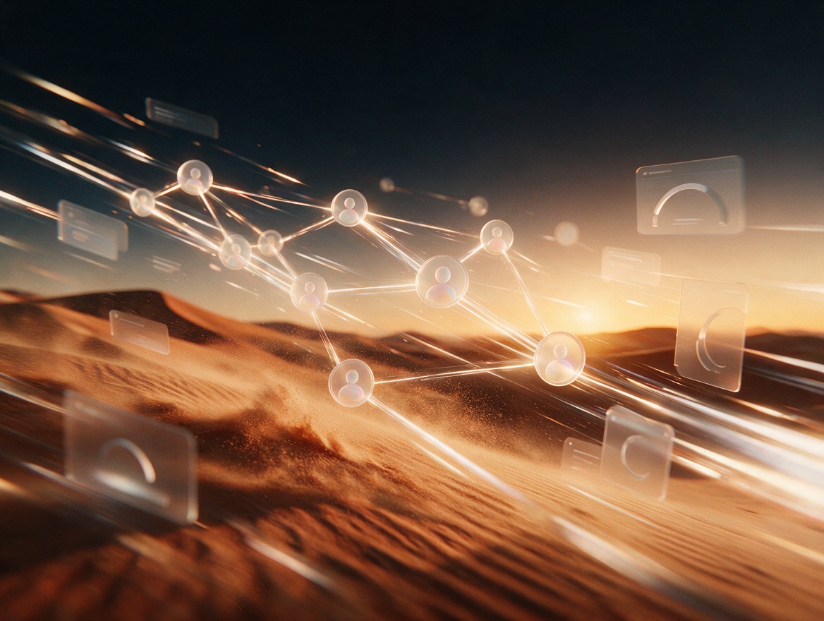Constellation of connected profile nodes over desert dunes