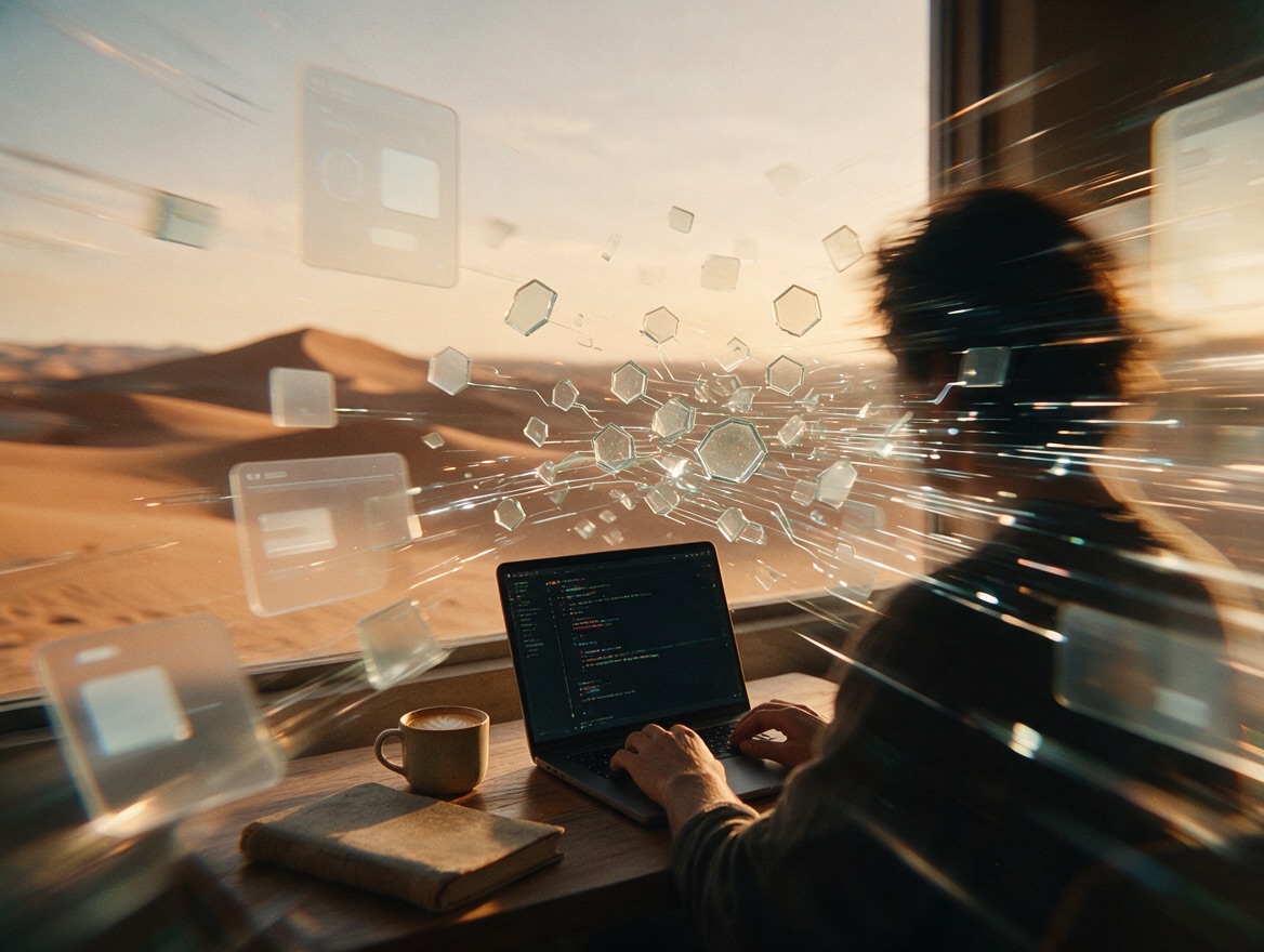 Developer coding on a laptop with floating hexagonal chips and light streaks