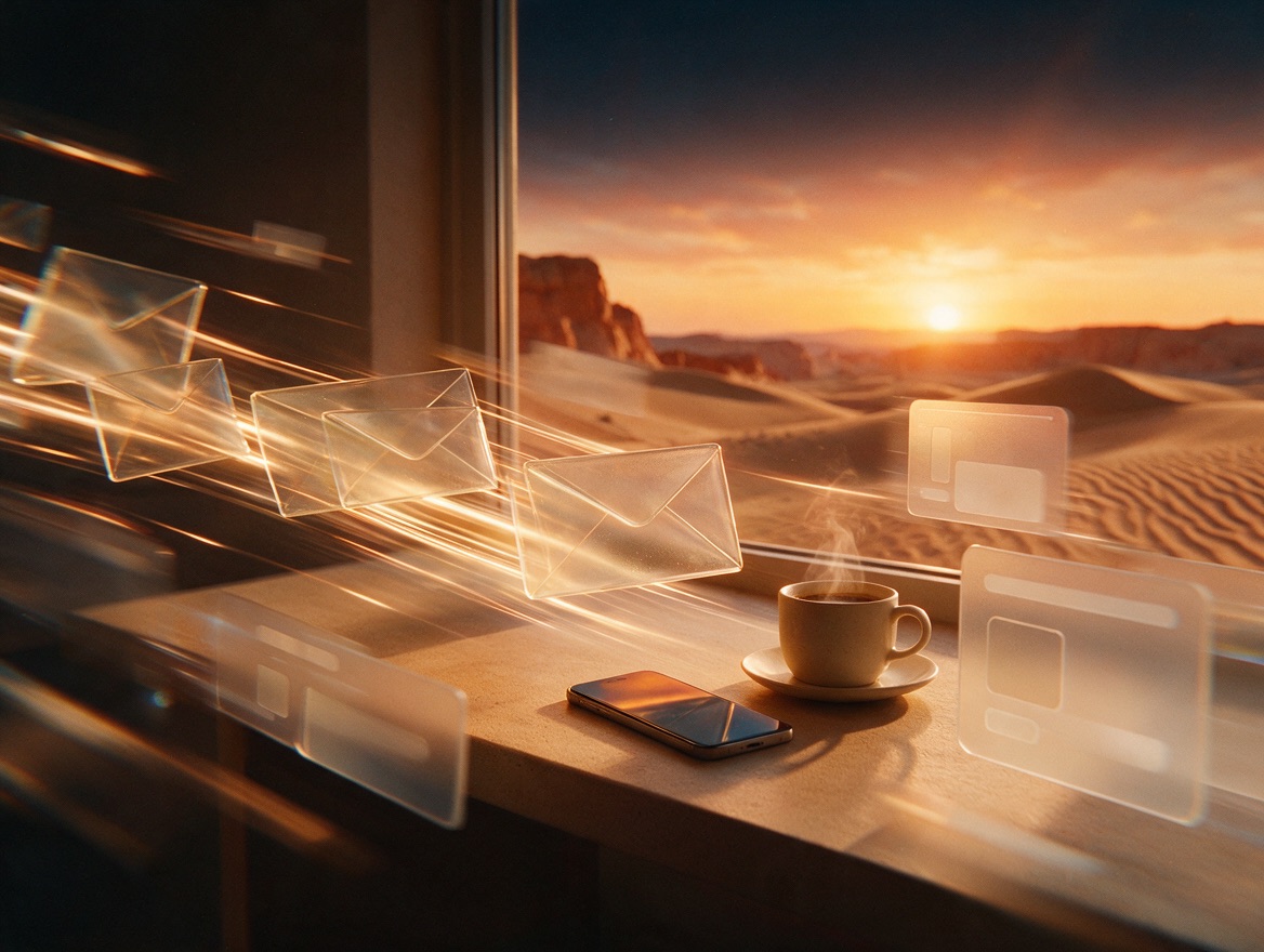 Sunlit desk with floating envelope and flow panels