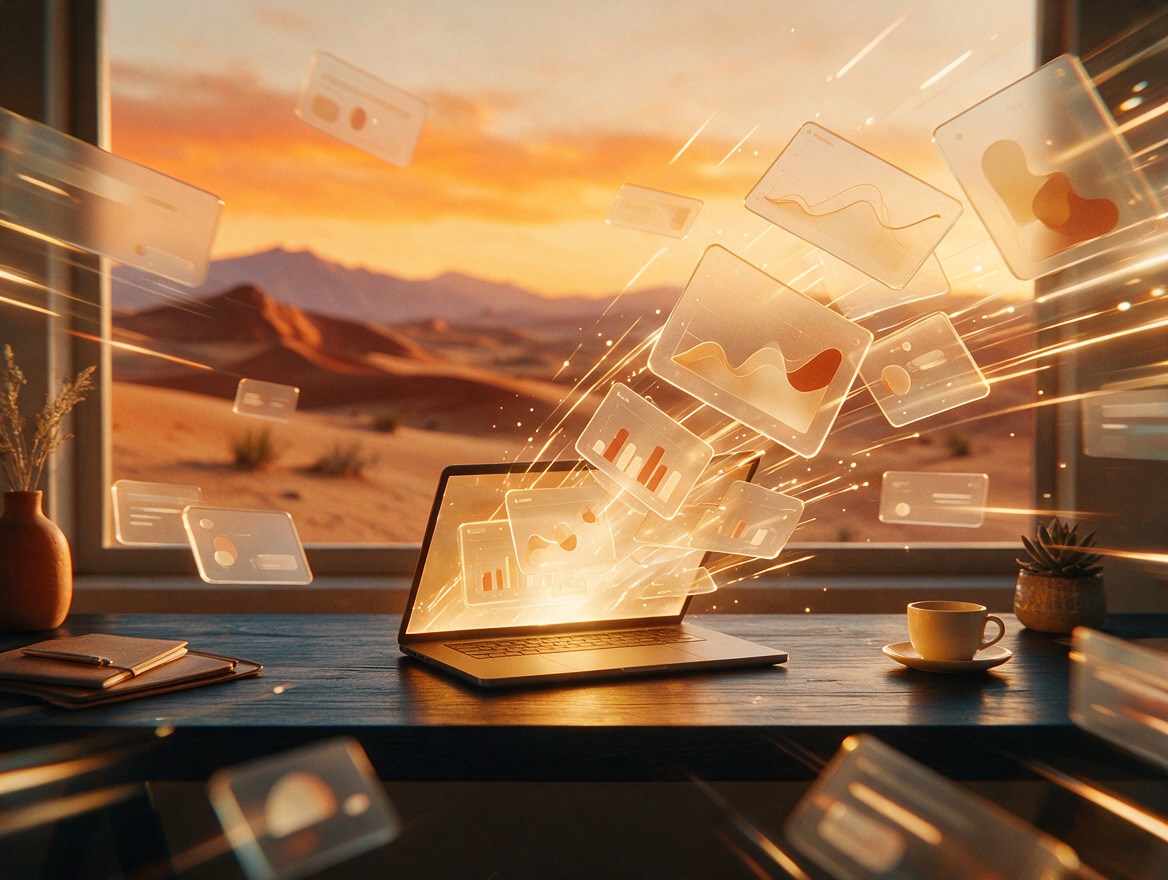 Laptop on a dark desk with floating dashboard tiles