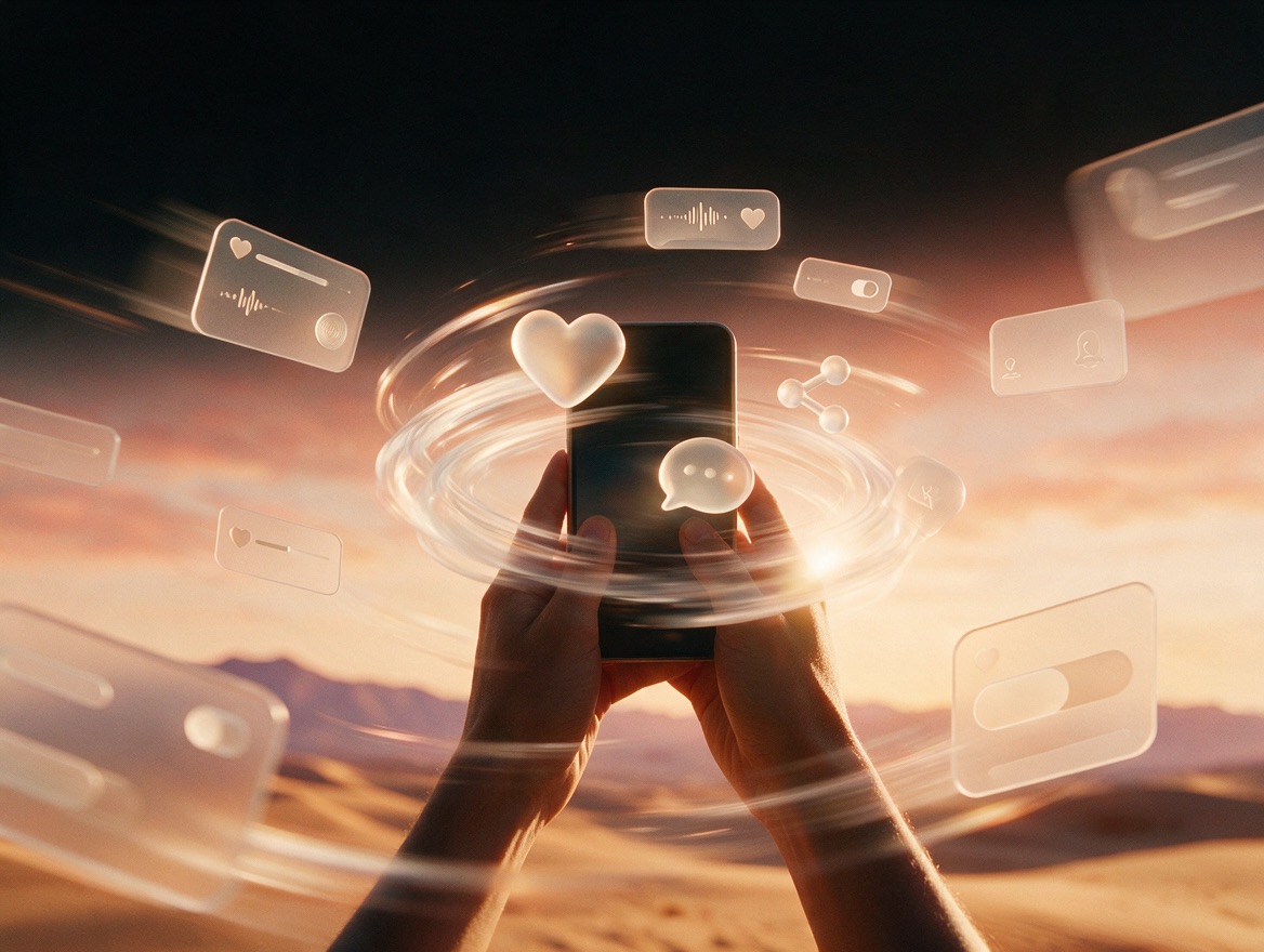 Hands holding a phone against the sunset with floating social shapes