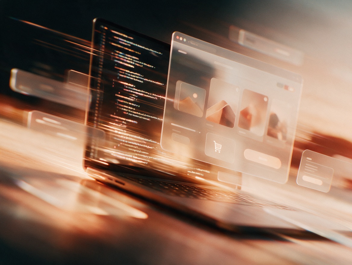 Close-up of code on a laptop with a floating ecommerce storefront window