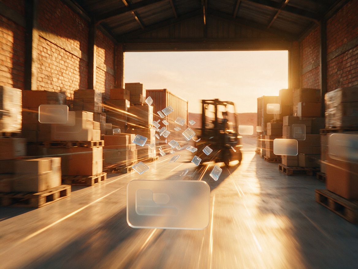 Warehouse aisle in golden light with floating order cards
